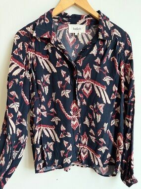 ba&sh Navy Floral-Print Long Sleeve Shirt with Burgundy and Cream Motif